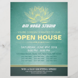Elegant Teal & Guld Lotus YOGA Studio Open House Reklamblad
