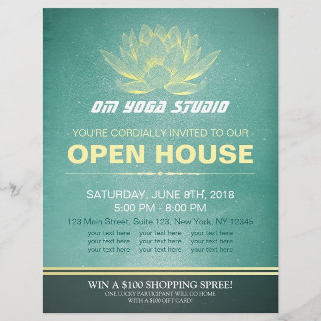 Elegant Teal & Guld Lotus YOGA Studio Open House Reklamblad (Framsidan)
