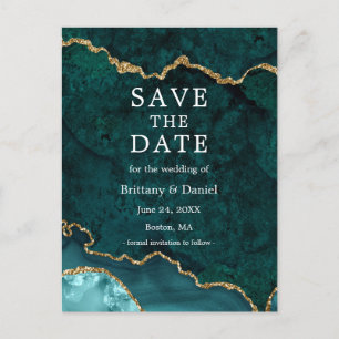 Elegant Teal Guld Marmor Geode Spara Datum Meddelande Vykort
