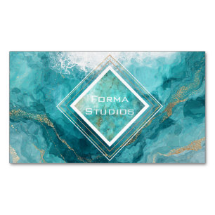 Elegant Teal Guld Ocean Wave Flytande Marmor Magnetiska Visitkort