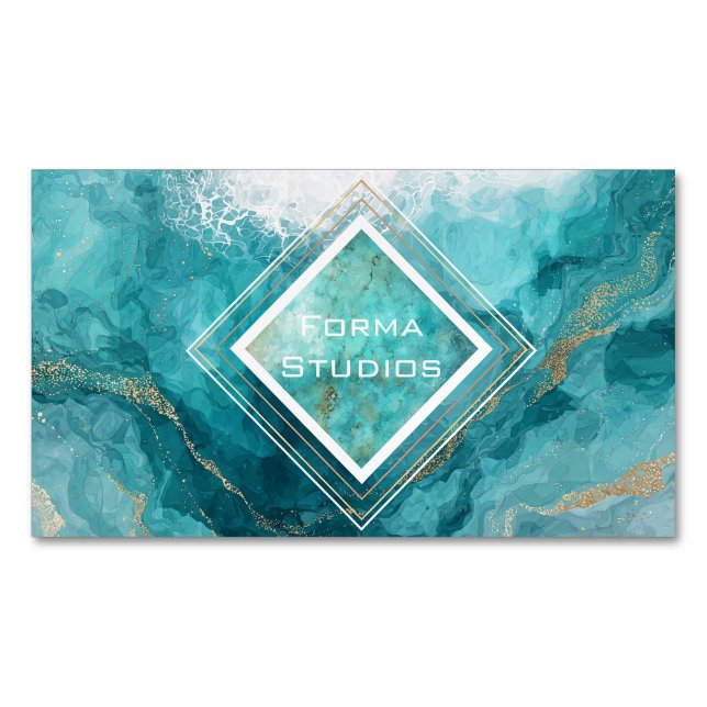 Elegant Teal Guld Ocean Wave Flytande Marmor Magnetiska Visitkort (Framsida)