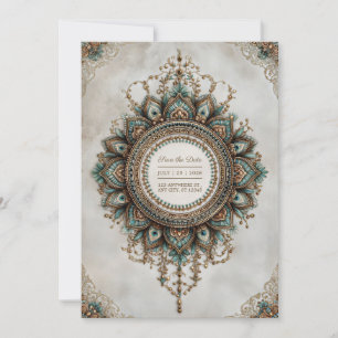 Elegant Teal Guld Påfågel Mandala Boho Bröllop Inbjudningar