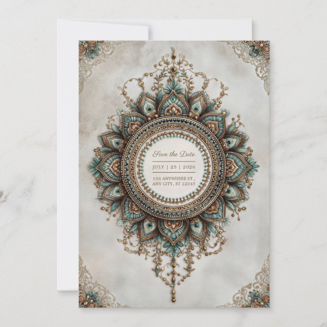 Elegant Teal Guld Påfågel Mandala Boho Bröllop Inbjudningar (Framsida)