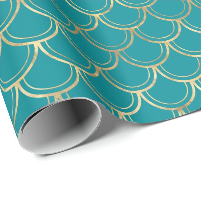 Elegant Teal Guld Scallop Mönster Wrapping Papper Presentpapper (Rullad Hörn)