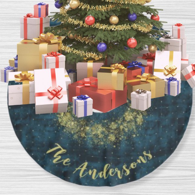 Elegant Teal Guld Snöflingor Velvet Jul Julgransmatta Borstad Polyester (Skapare uppladdad)