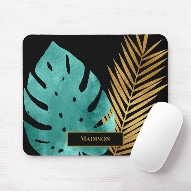 Elegant Teal Guld Tropical Löv Black Monogram Musmatta (Med mus)