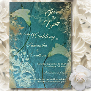 Elegant Teal & Guld Vintage Blommigt Bröllop Spara Datumet