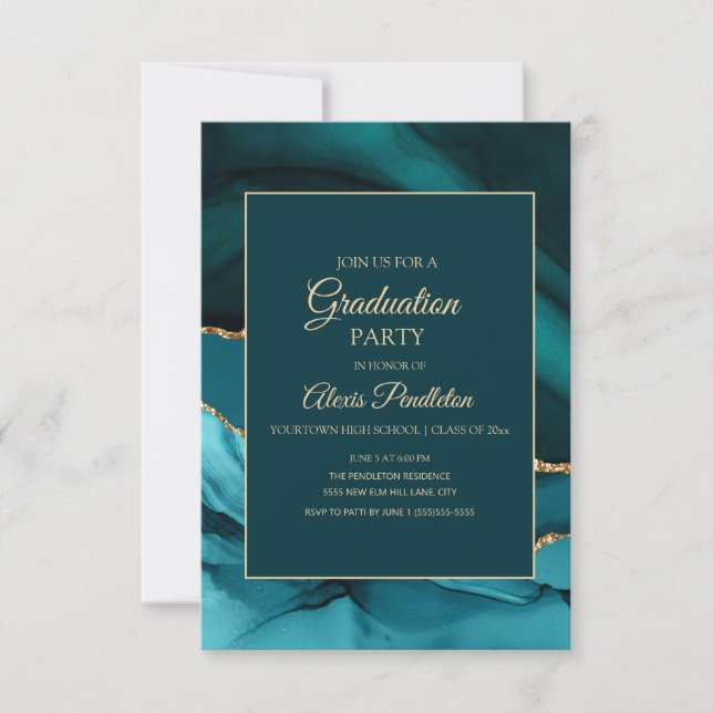 Elegant Teal Guldmarmor Agat Examen Inbjudningar (Framsida)