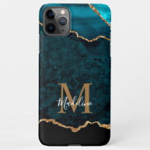 Elegant Teal Marble Agate Geode Guld Monogram