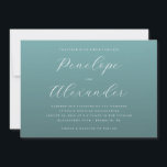 Elegant Teal Minimalist Wedding Invitation Inbjudningar<br><div class="desc">This elegant wedding invitation features a minimalist design with a calming teal background and crisp white typography. The layout is clean and sophisticated, utilizing ample negative space to highlight the names in flowing script font, creating a focal point for the invitation. Customizable text fields allow personalization for dates, times, and...</div>