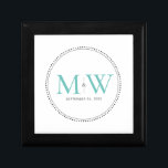 Elegant Teal Monogram Bröllop Gift Box Minnesask<br><div class="desc">Elegant Teal Monogram med Black Milgrain gräns. Den prickade gräns påminner om milkorn,  som är en smyckesformad teknik som ofta används för förlovning och bröllop ringar. Mjölkornet gräns lägger både ett modernt och elegant stil till denna monogrammade keepsaklåda.</div>