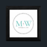Elegant Teal Monogram Bröllop Gift Box Minnesask<br><div class="desc">Elegant Teal Monogram med Black Milgrain gräns. Den prickade gräns påminner om milkorn,  som är en smyckesformad teknik som ofta används för förlovning och bröllop ringar. Mjölkornet gräns lägger både ett modernt och elegant stil till denna monogrammade keepsaklåda.</div>