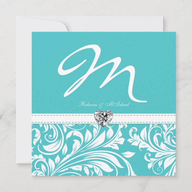 Elegant Teal Monogram Bröllopsinbjudningar med Dia Inbjudningar (Framsida)