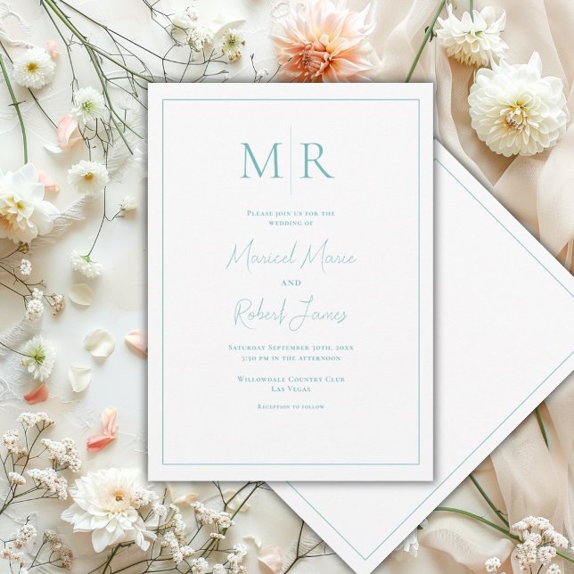 Elegant Teal Monogram Modern Bröllop Inbjudningar (Skapare uppladdad)