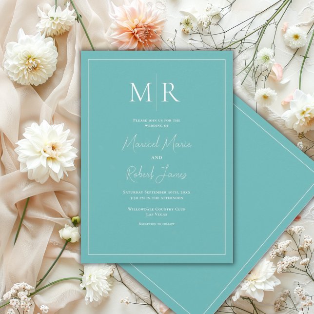 Elegant Teal Monogram Modern Bröllop Inbjudningar (Skapare uppladdad)