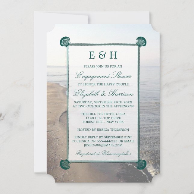 Elegant Teal Monogram Scallop Beach Förlovning Inbjudningar (Framsida)