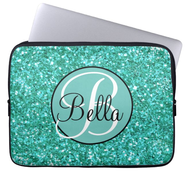 Elegant Teal mousserande glitter mönster monogram Laptop Fodral (Framsidan)