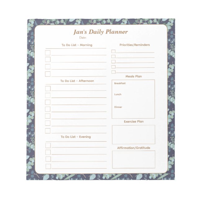 Elegant Teal Navy Blue Foliage Daily Planner Anteckningsblock (Framsida)
