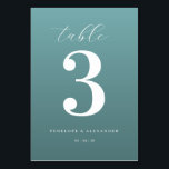 Elegant Teal Number Three Bordsnummer<br><div class="desc">This elegant wedding table card features a minimalist design with a calming teal background and crisp white text. The focal point is the large, bold numeral "3" centered on the card, surrounded by an assortment of fonts that add visual interest without cluttering the layout. Customizable placeholders for names and dates...</div>