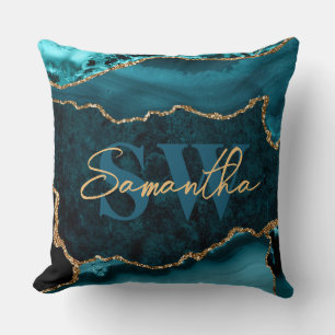 Elegant teal och falskt guld glitter marmor agat kudde