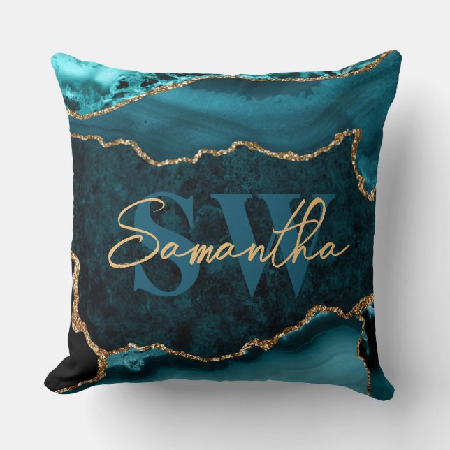 Elegant teal och falskt guld glitter marmor agat kudde (Framsida)
