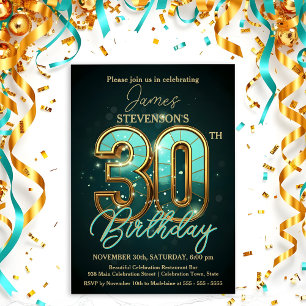 Elegant Teal och Guld 30års födelsedag Firande Inbjudningar