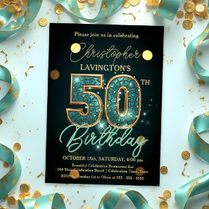 Elegant Teal och Guld 50:e födelsedagsfirandet Inbjudningar