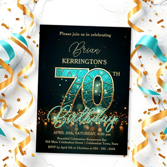 Elegant Teal och Guld 70:e födelsedagsfirandet Inbjudningar (Skapare uppladdad)