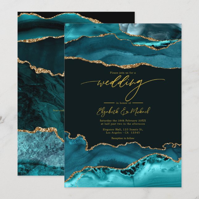 Elegant Teal och Guld Agat Bröllops QR-kod Inbjudningar (Fram/baksida)