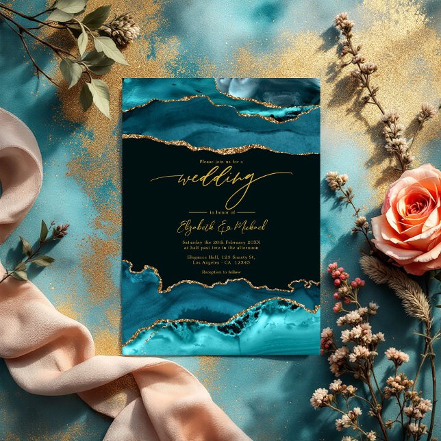 Elegant Teal och Guld Agate Bröllop QR-kod Inbjudningar (Elegant Teal and Gold Agate Wedding QR Code Invitation)