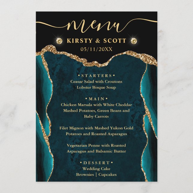 Elegant Teal och Guld Falsk Glitter Agat Bröllop Meny (Framsida)