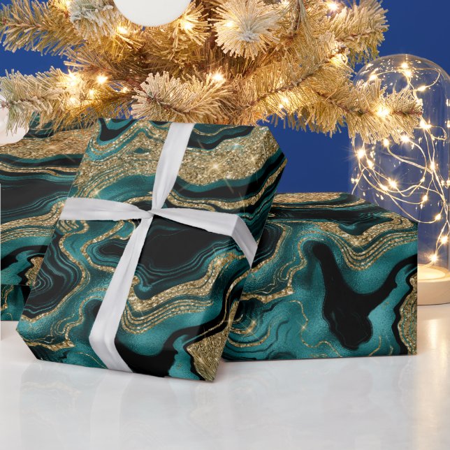 Elegant teal och guld glitter agat födelsedag presentpapper (Helgdagar)