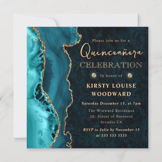 Elegant Teal och Guld Glitter Agate Quinceanera Inbjudningar (Framsida)