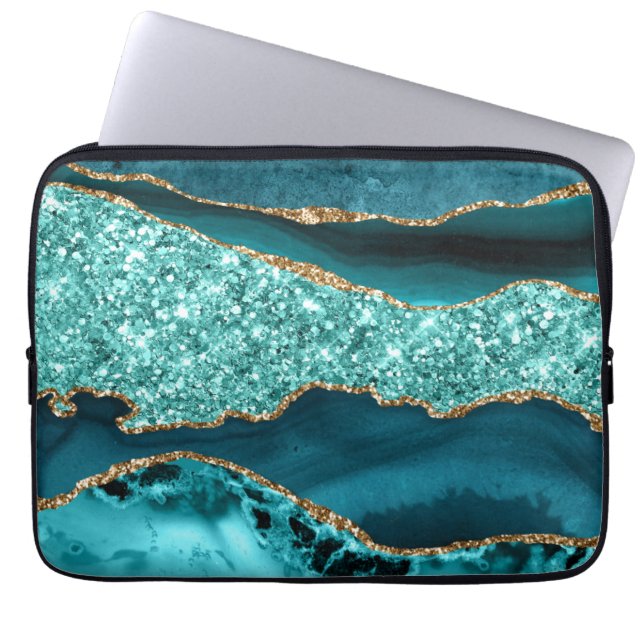 Elegant teal och guld glitter havsagate laptop fodral (Framsidan)