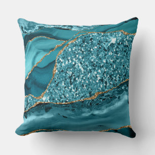 Elegant Teal och Guld Glitter Ocean Agat Kudde