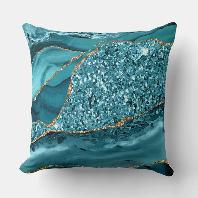 Elegant Teal och Guld Glitter Ocean Agat Kudde (Framsida)