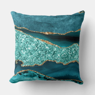Elegant Teal och Guld Glitter Ocean Agat Kudde