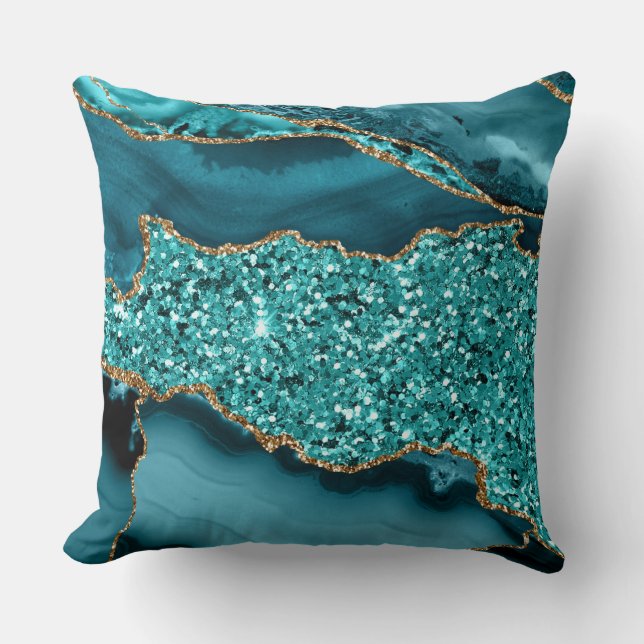 Elegant Teal och Guld Glitter Ocean Agate Kudde (Framsida)