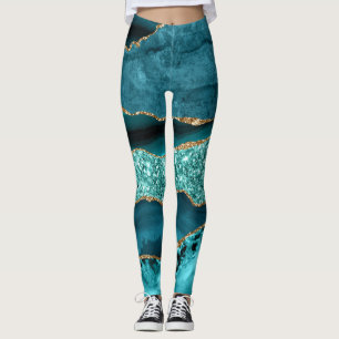 Elegant Teal och Guld Glitter Ocean Agate Leggings