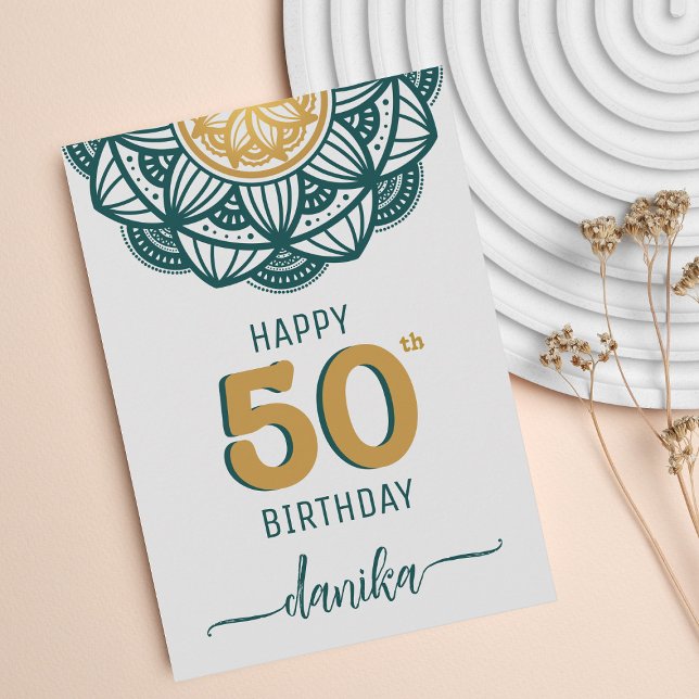 Elegant Teal och Guld Mandala 50:e födelsedagen Kort (Skapare uppladdad)