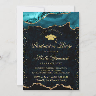 Elegant Teal och Guld Marble Agate Examen Inbjudningar