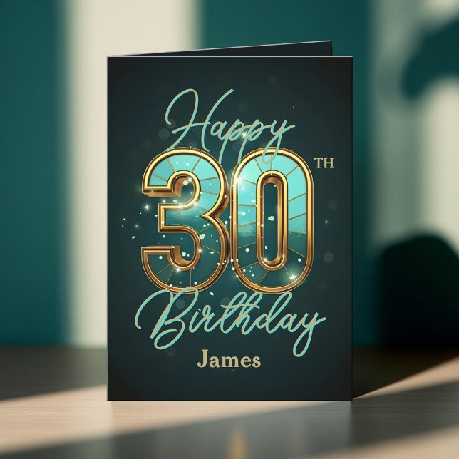 Elegant Teal och Guld Metallic 30års födelsedag Kort (Skapare uppladdad)