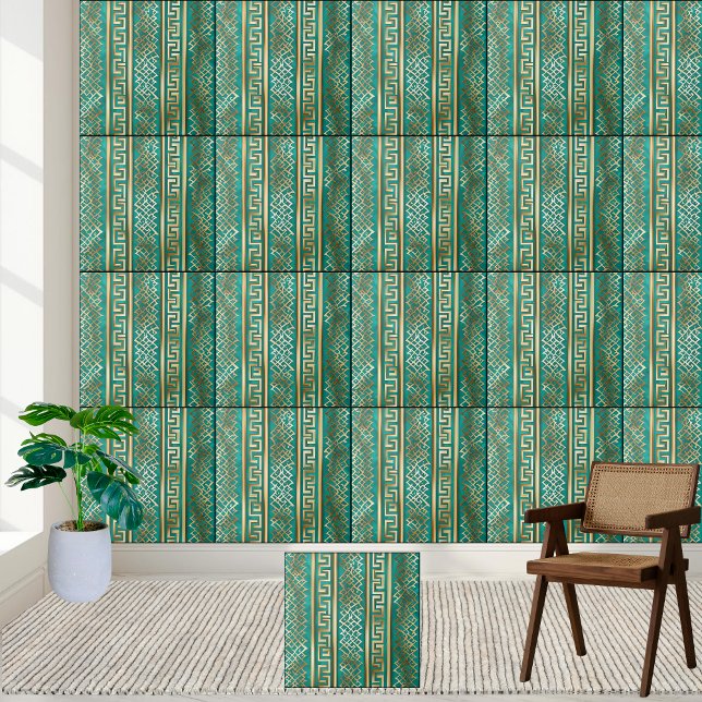 Elegant Teal och Guld Mönster-plattan vid Nyckel Kakelplatta (Elegant Teal and Gold Greek Key Pattern Tile)