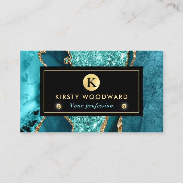 Elegant Teal och Guld Ocean Glitter Agate Visitkort (Framsida)