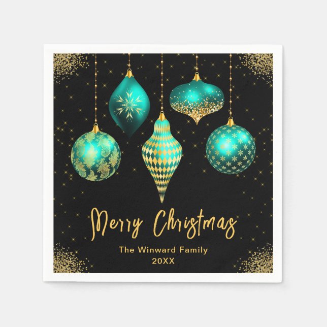 Elegant Teal och Guld Ornament Jul Pappersservett (Framsidan)