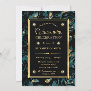 Elegant Teal och Guld Ros Blommig Quinceanera Inbjudningar