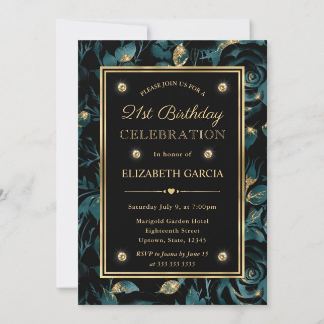 Elegant teal och guld ros blomster 21-årsdag inbjudningar (Framsida)