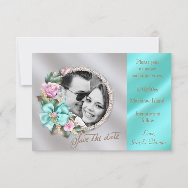 Elegant Teal och Guld Silver Photo Save Date Spara Datumet (Framsida)