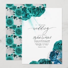 Elegant Teal och Silver Blommig Bröllop Inbjudningar