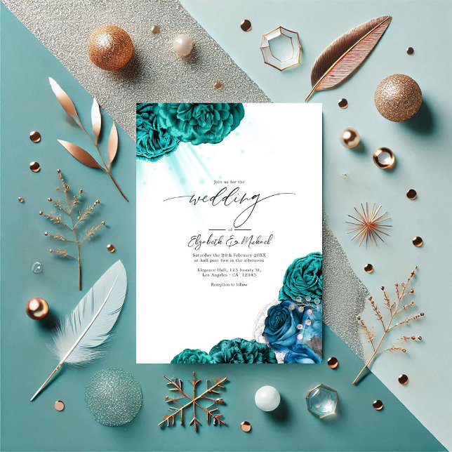 Elegant Teal och Silver Blommigt Bröllop Inbjudningar (Elegant Teal and Silver Floral Wedding Invitation)